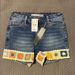 NWT Tractr Denim Shorts with Colorful Crochet Accents